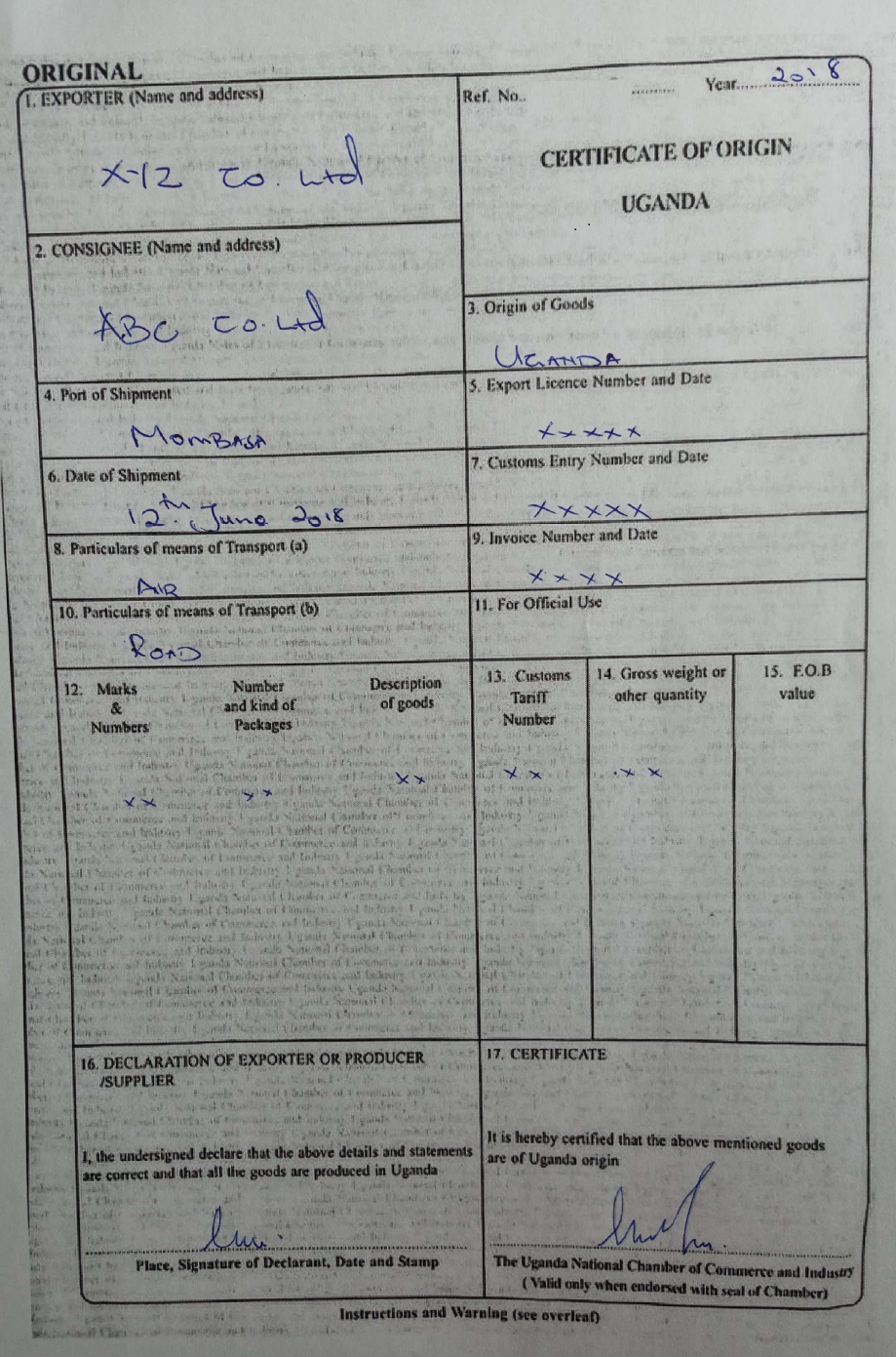 Certificate of Origin